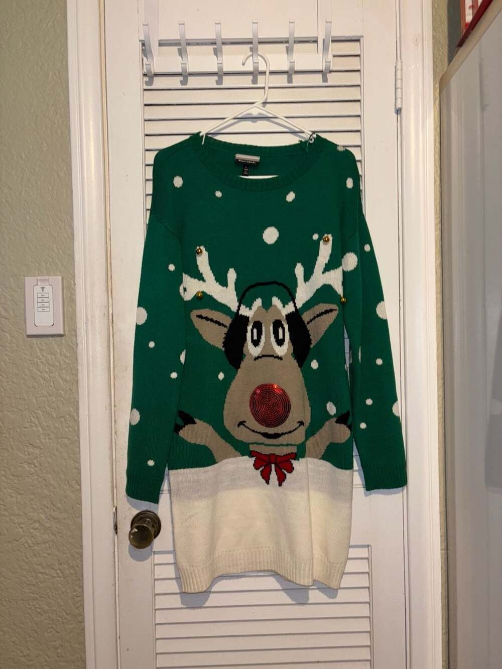 NEW Allison Brittany Womens Dress Sz M Green Christmas Bell Deer Rudolph Knit